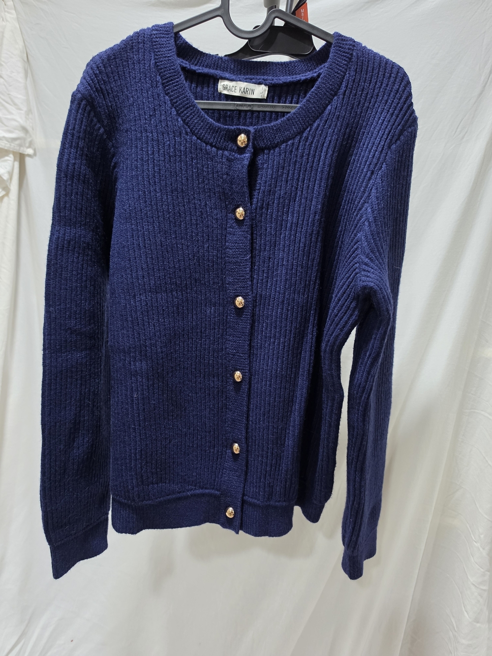 Grace Karin Dark Navy Ribbed Cardigan with Gold Buttons